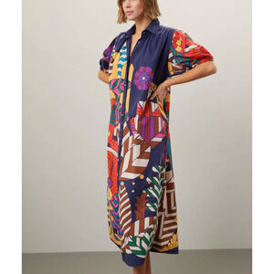 Carolina K Retro Mod Muumuu Midi Dress XS Artsy Kaftan Vacation Designer $425